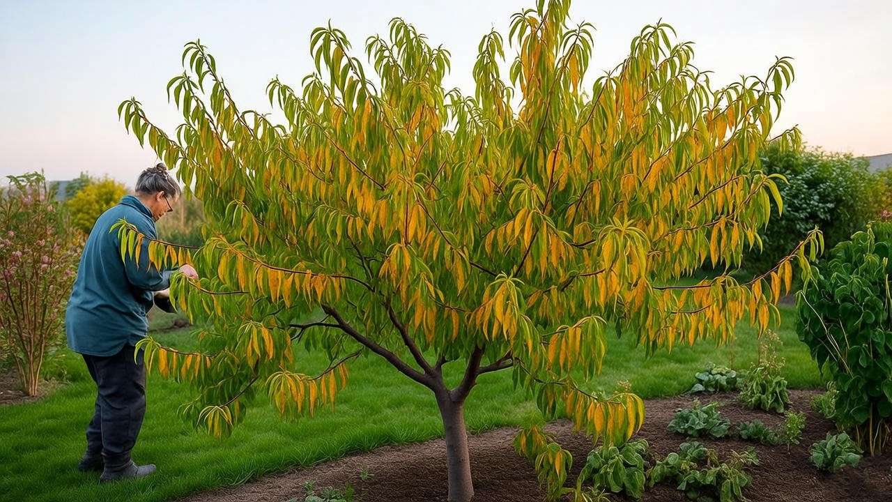  "Redhaven peach tree with yellowing leaves and gardener improving drainage." 