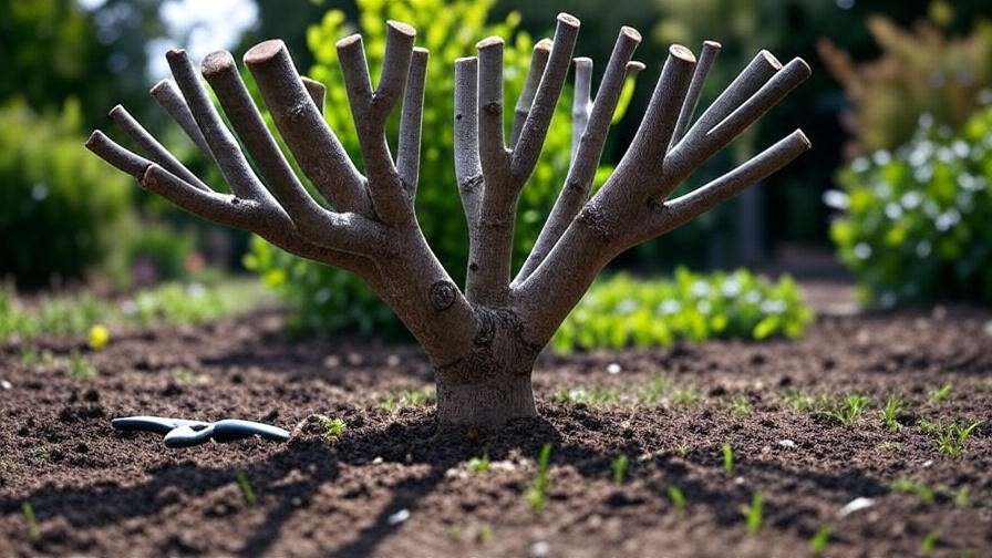 Pruned baby tree with clean branch cuts and pruning shears in sunny garden" 