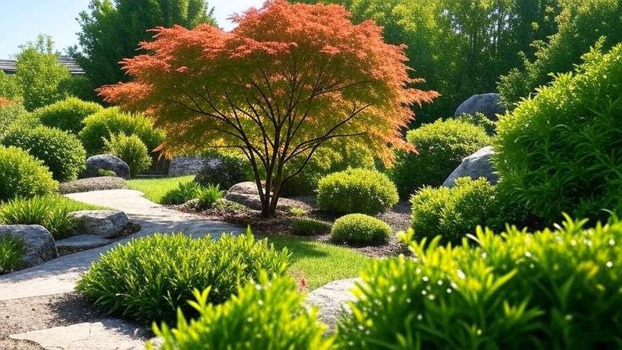 "Japanese maple as a focal point with shrubs and stone pathway in a small garden" 