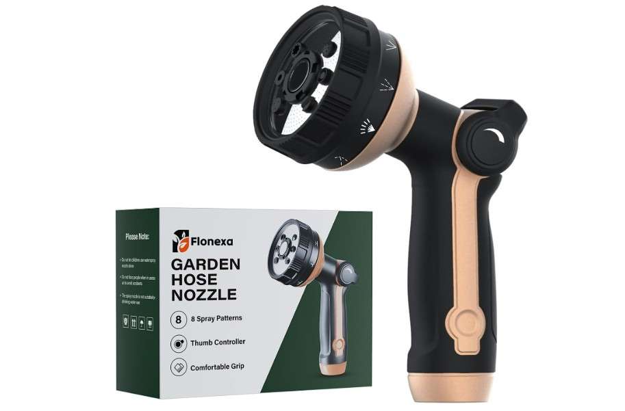  Flonexa Heavy Duty Garden Hose Nozzle, 100% Metal Water Hose Sprayer with 8 Spray Patterns, High Pressure Hose Nozzle with Thumb Control, On Off Valve