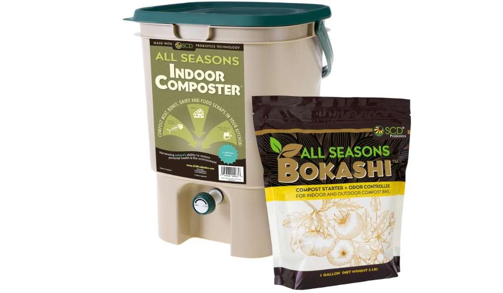  All Seasons Indoor Composter Starter Kit – 5 Gallon Tan Compost Bin For Kitchen Countertop With Lid, Spigot & 1 Gallon (2 lbs.) Bag Of Dry Bokashi Bran