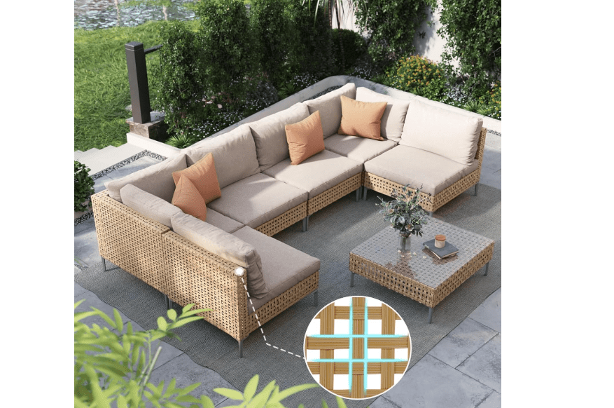  Grand patio 7-Piece Wicker Patio Furniture Set, Boho Outdoor Conversation Set Sectional Sofa with Water Resistant Thick Cushions and Coffee 