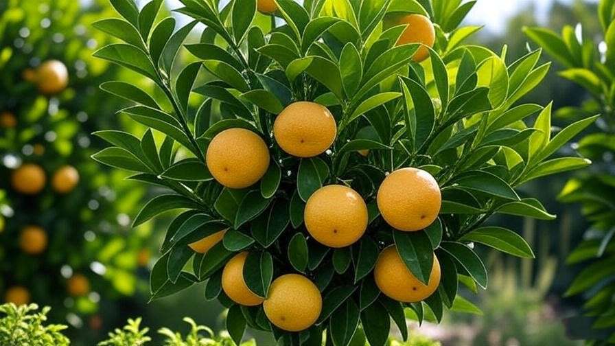  "Thriving grapefruit tree with ripe fruits in a sunny garden" 