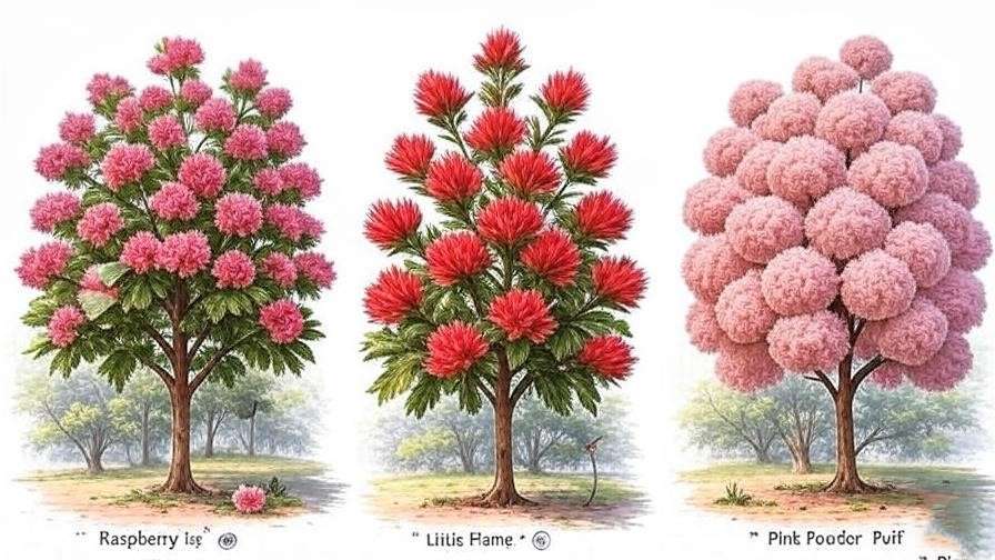 Pom pom tree varieties infographic comparing Raspberry Ice, Little Flame, and Pink Powder Puff for garden selection. 