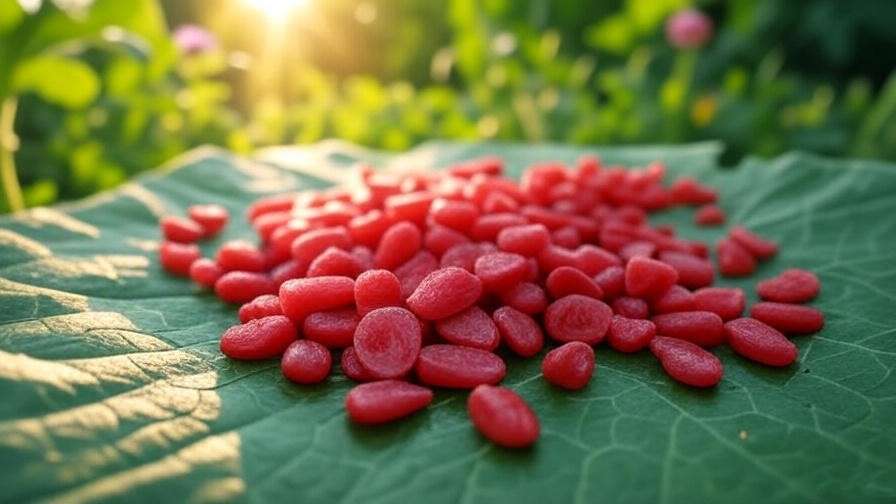 "Close-up of vibrant red watermelon seeds on a green leaf in a lush garden"