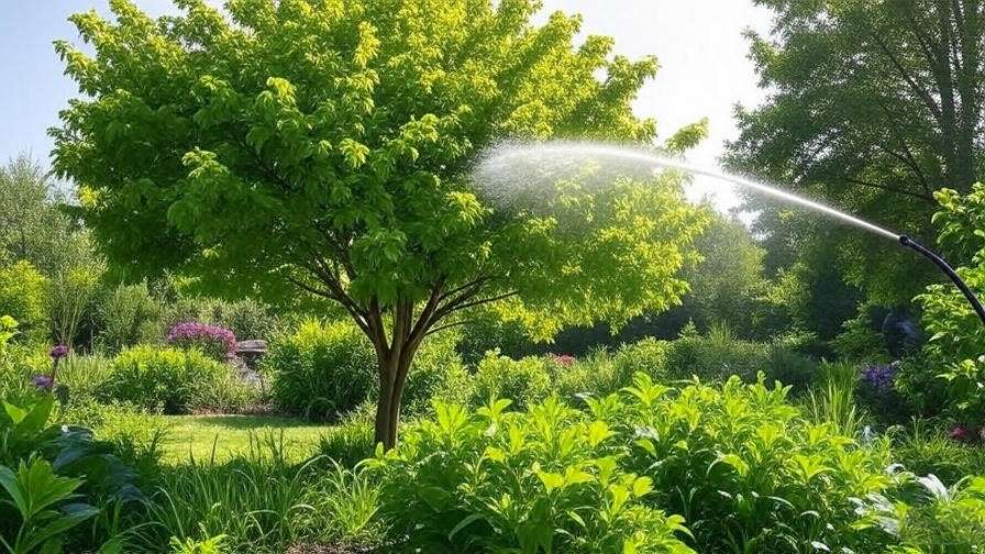 "Cum tree watering with soaker hose in a lush garden for ongoing care." 