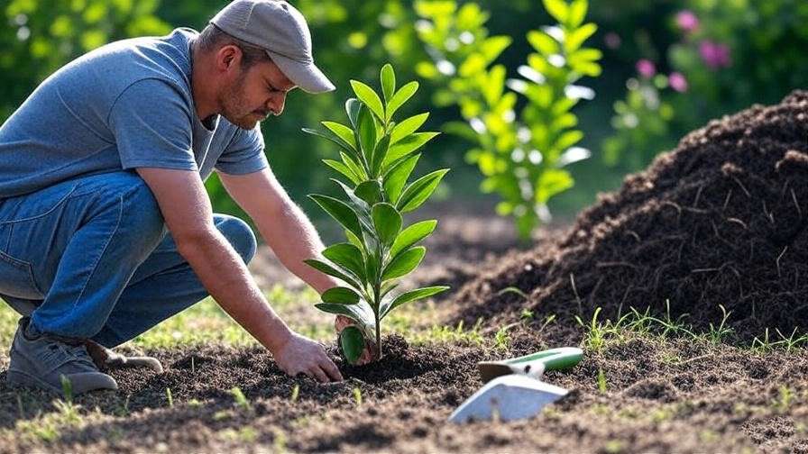 "Gardener planting a young grapefruit tree in sunny soil with shovel and compost" 
