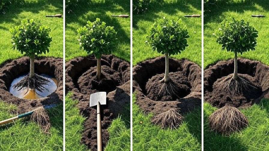 Step-by-step guide to planting a pom pom tree with root soaking, hole digging, and mulching. 