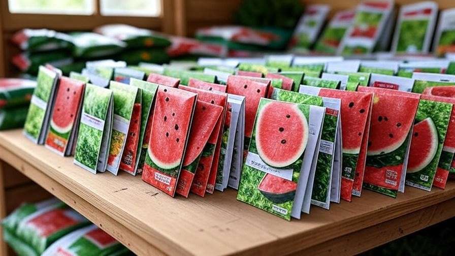  "Colorful red watermelon seed packets on a wooden table in a garden shed" 