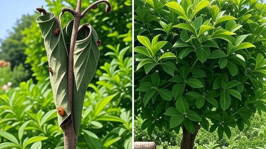 "Cum tree with pest damage and ladybug pest control in a garden." 