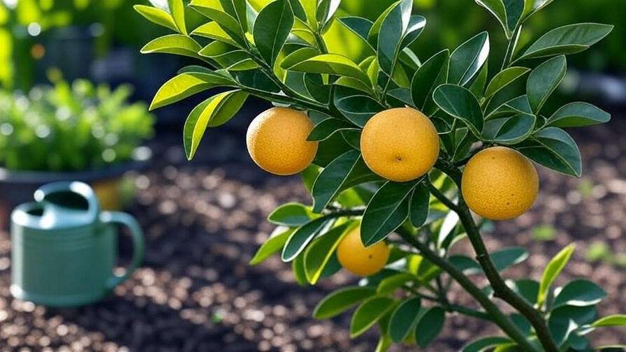 "Close-up of grapefruit tree branch with ripe fruits and watering can" 