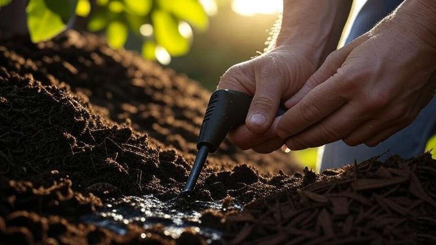 Using a soil moisture meter for proper pom pom tree watering in garden soil. 