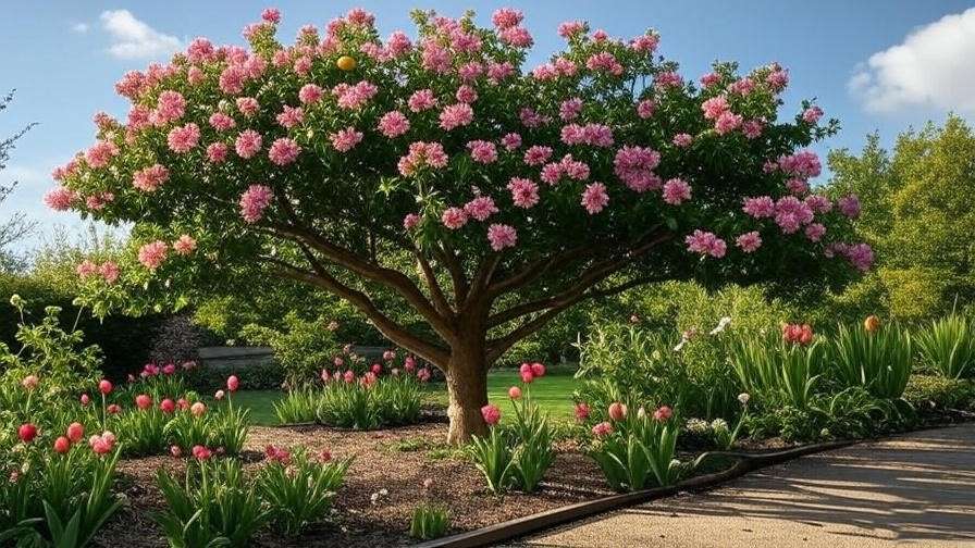  "Mature cum tree with blooms and companion plants in a landscaped garden."