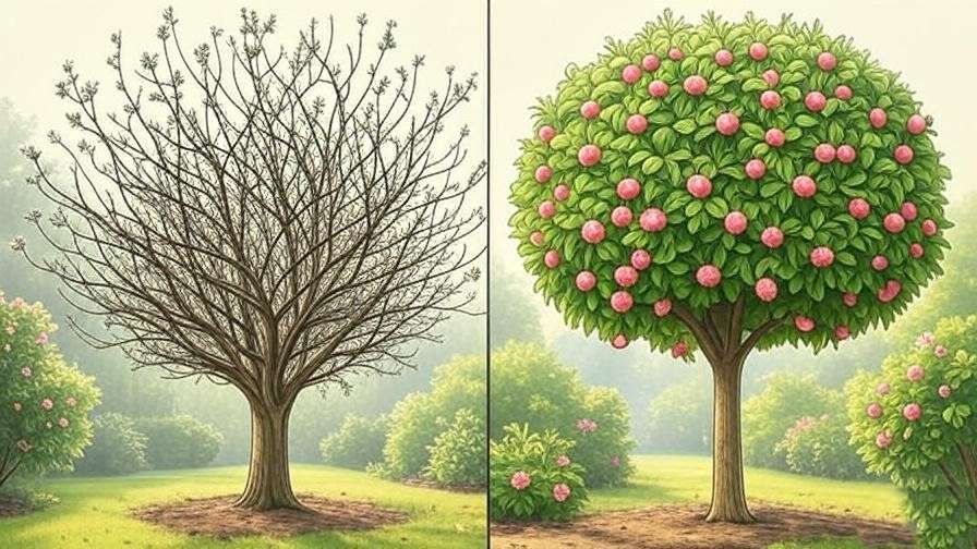 Before and after pruning diagram for shaping a healthy pom pom tree. 