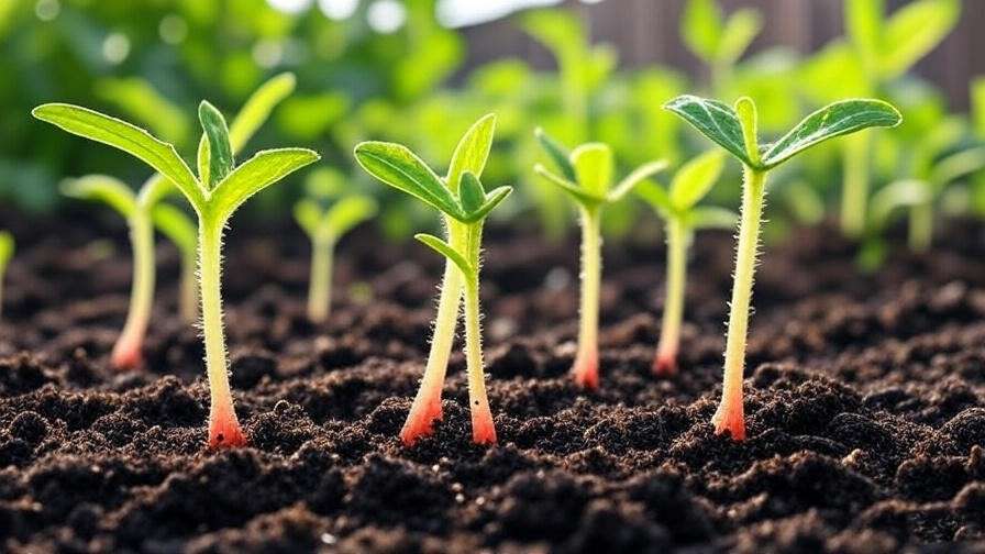 "Young red watermelon seedlings sprouting from moist soil in a garden" 