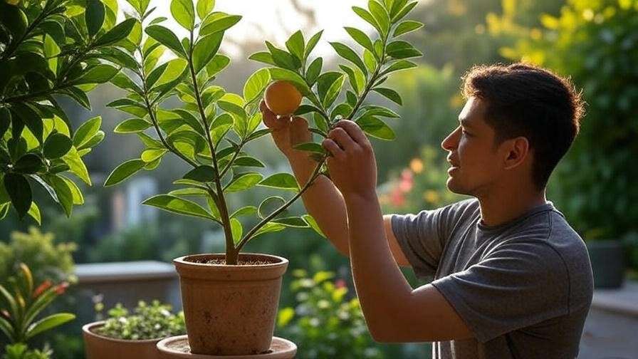 "Potted grapefruit tree on patio with person adjusting for sunlight"