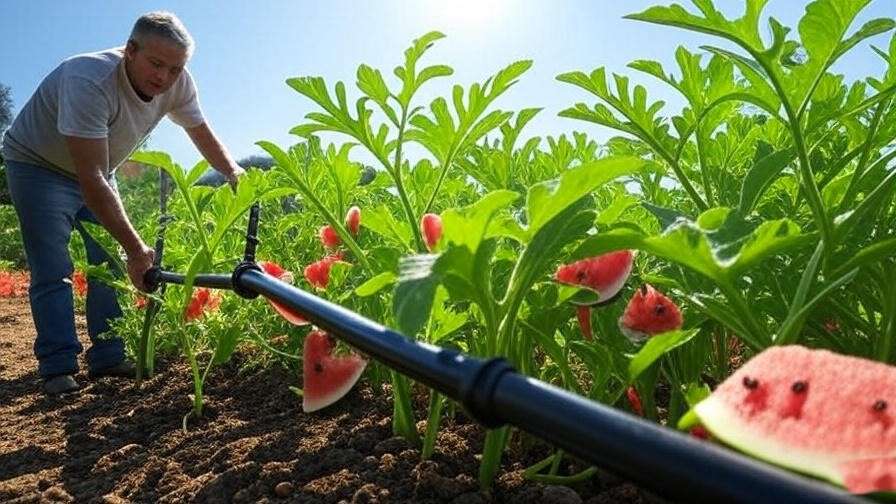  "Drip irrigation watering healthy red watermelon plants in a sunny garden" 