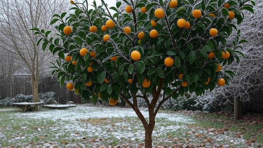 "Grapefruit tree covered with frost blanket in snowy garden" 