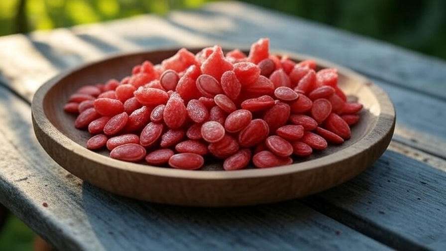 "Roasted red watermelon seeds on a wooden plate in a garden setting" 