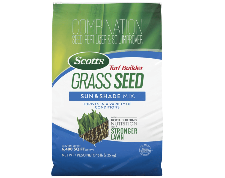 Scotts Turf Builder Grass Seed Sun and Shade Mix with Fertilizer and Soil Improver, Thrives in Many Conditions, 16 lbs.