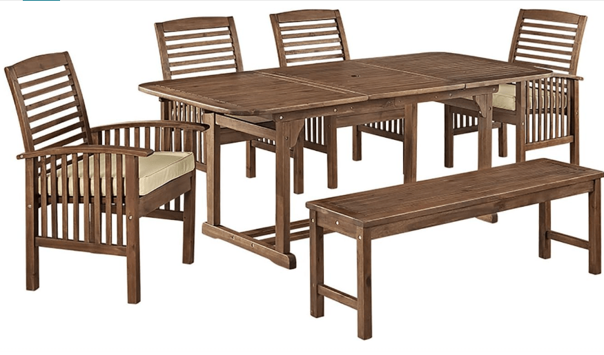  Walker Edison Maui Modern 6 Piece Solid Acacia Wood Slatted Outdoor Dining Set, Set of 6, Dark Brown