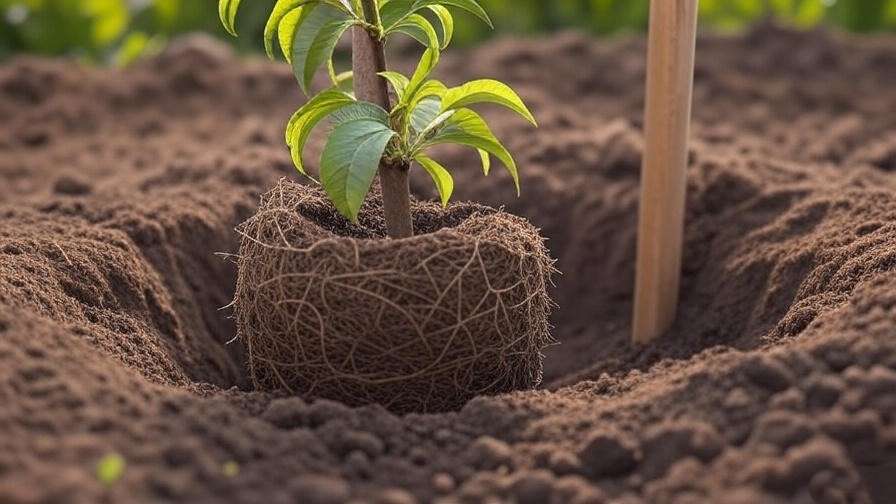  "Close-up of planting a donut peach tree root ball with compost and stake in a garden". 