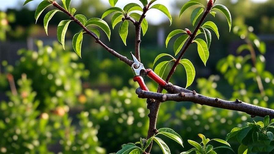  "Pruning shears trimming a donut peach tree branch with open-center shape". 