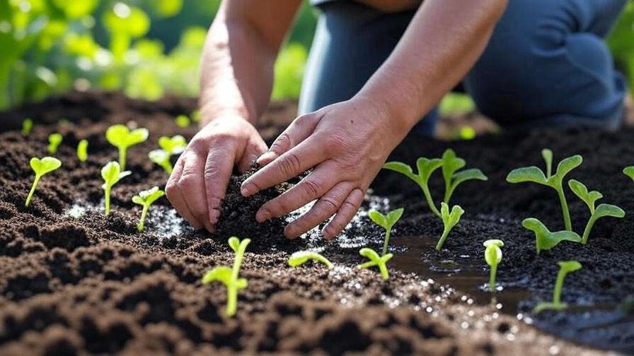 "Step-by-step planting of Royal Golden Watermelon seeds in soil mounds with young vines in a sunny garden.