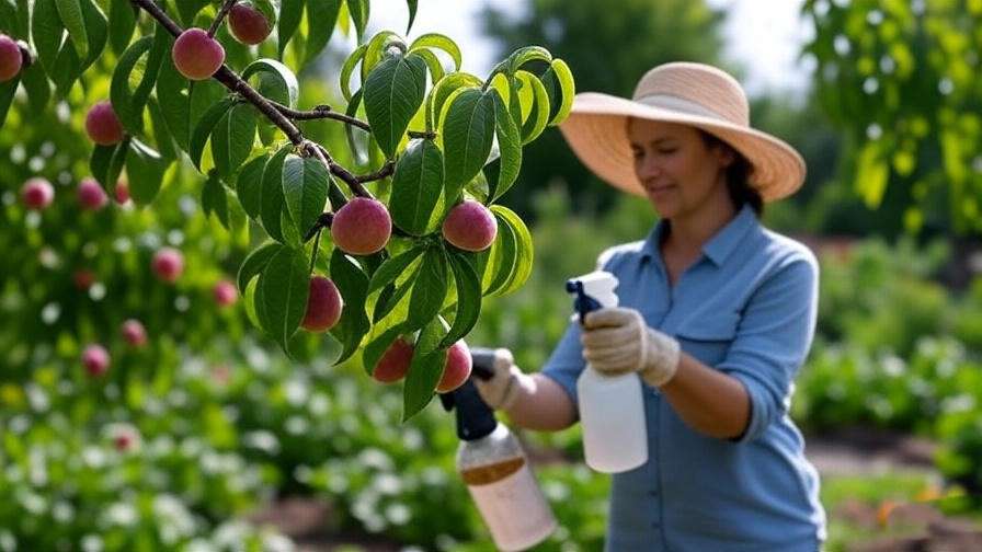  "Donut peach tree with peach leaf curl and gardener applying fungicide". 