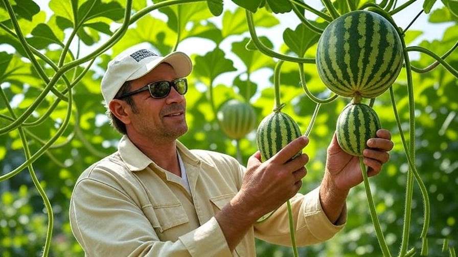 "Gardener training Royal Golden Watermelon vines on a trellis with a sling supporting a golden fruit in a sunny garden
