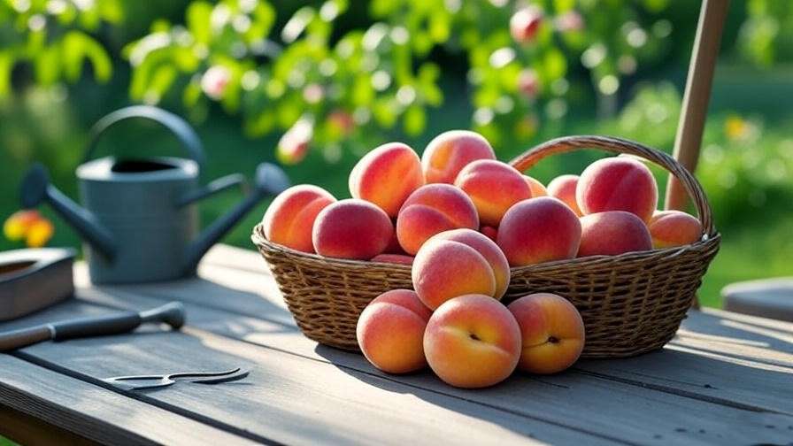  "Basket of freshly harvested donut peaches with garden tools and peach tree background"