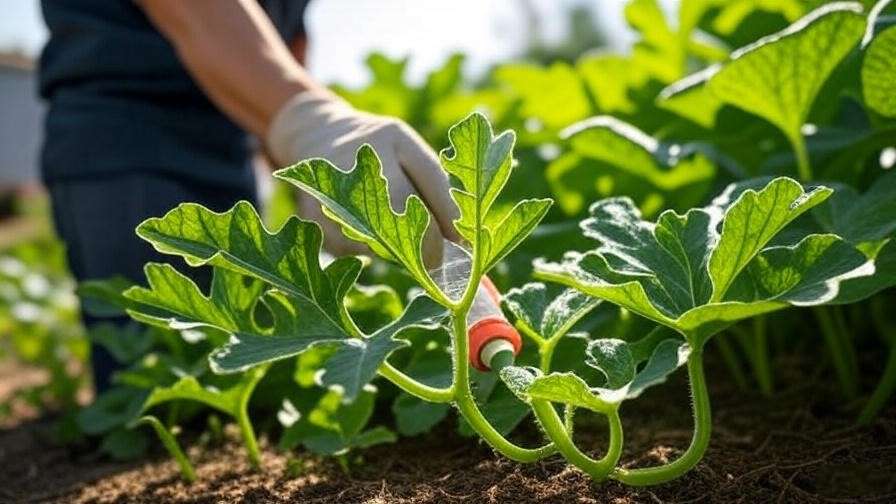"Gardener applying neem oil to Royal Golden Watermelon plants with pest-damaged and healthy leaves in a garden
