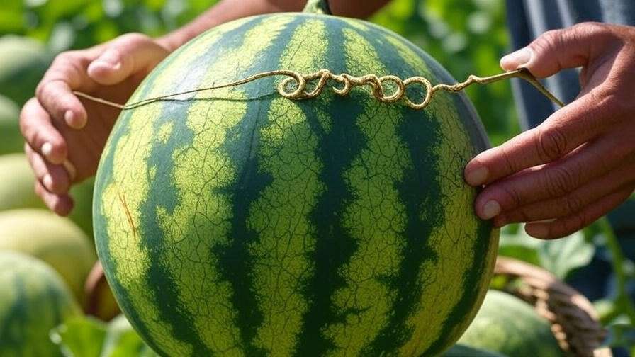 "Hand harvesting ripe Royal Golden Watermelon with a basket of melons in a sunny garden.
