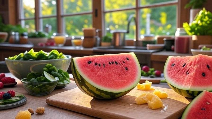 "Slicing a Royal Golden Watermelon with juicy yellow flesh for a salad in a bright kitchen with garden view." 