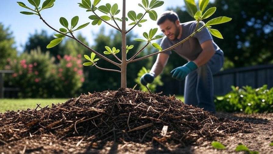 "Gardener planting a Kadota fig tree with compost and mulch in a sunny garden".