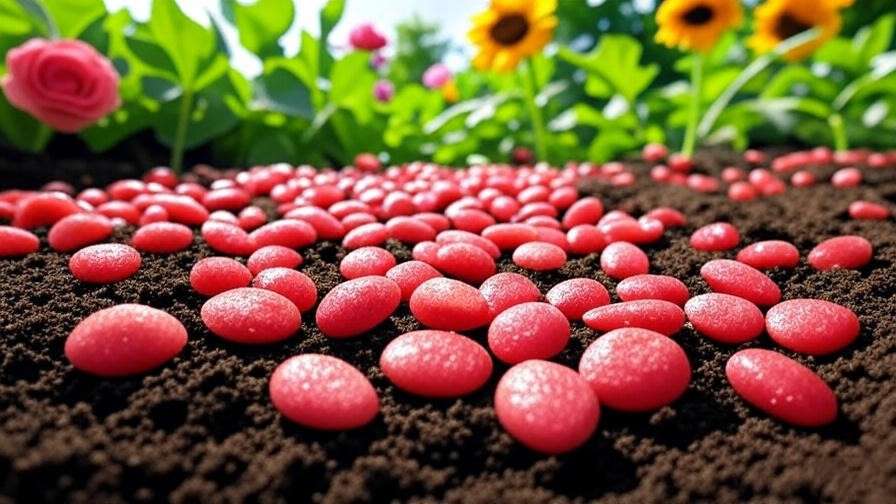 Close-up of sangria watermelon seeds on loamy soil with green vines and flowers. 