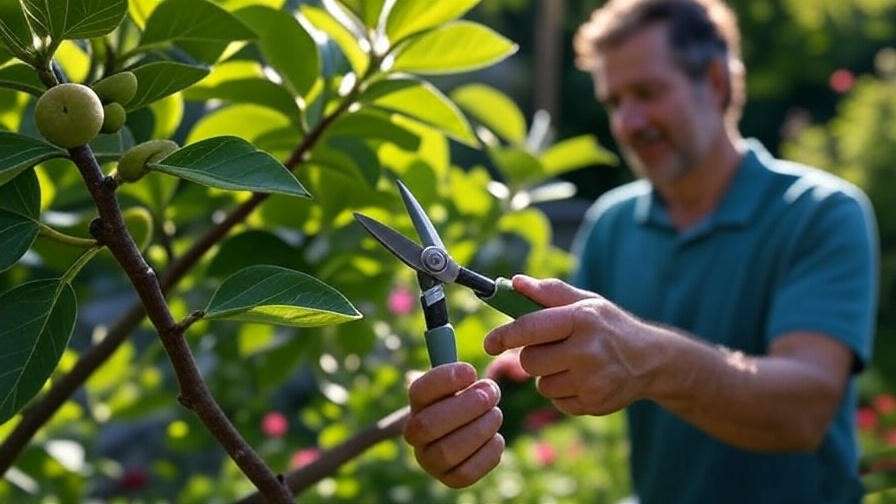 "Gardener pruning Kadota fig tree with open-center structure in sunny garden".
