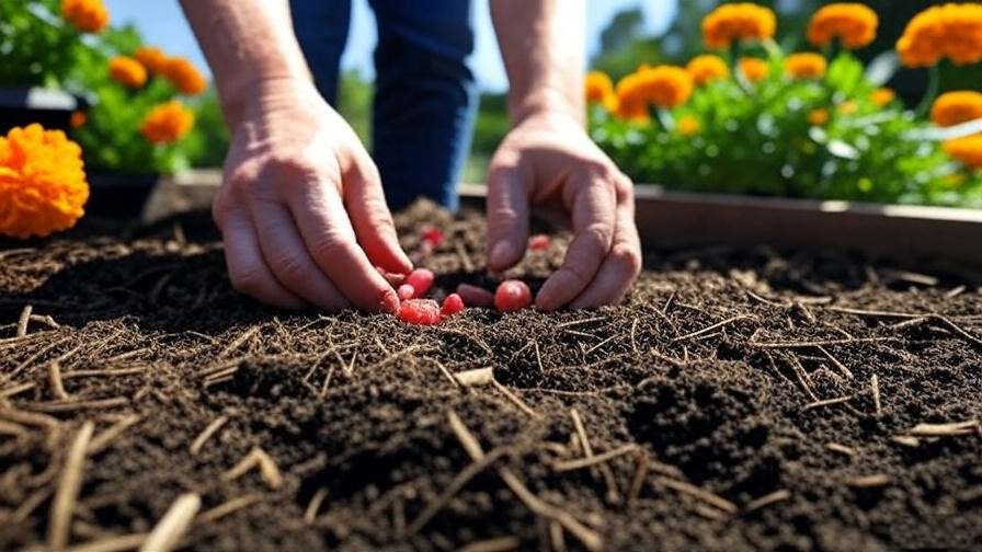 Gardener planting sangria watermelon seeds in a garden bed with compost and marigolds