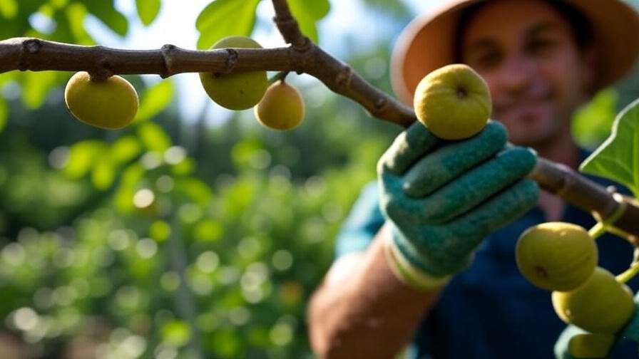  "Gardener harvesting ripe Kadota figs from tree branch in garden". 
