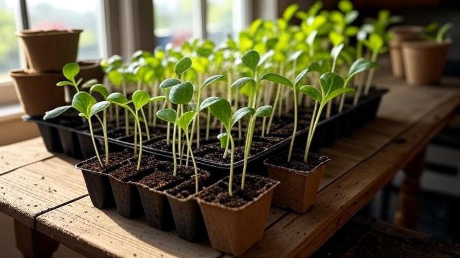Seedling tray with sangria watermelon sprouts under grow light and gardening tools. 