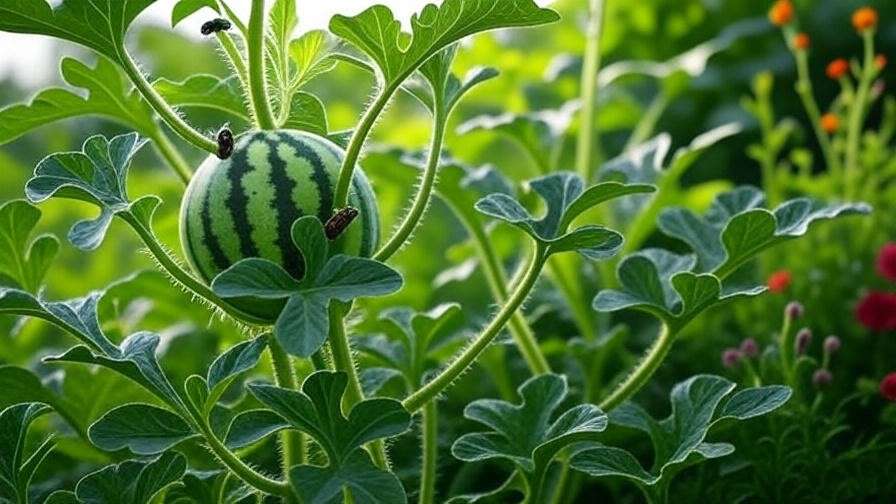 Trellised sangria watermelon vine with fruit in sling and pollinating bees. 