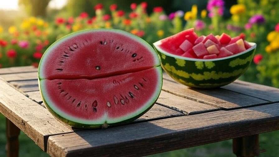  Freshly harvested sangria watermelon cut open with cubed fruit on a wooden table