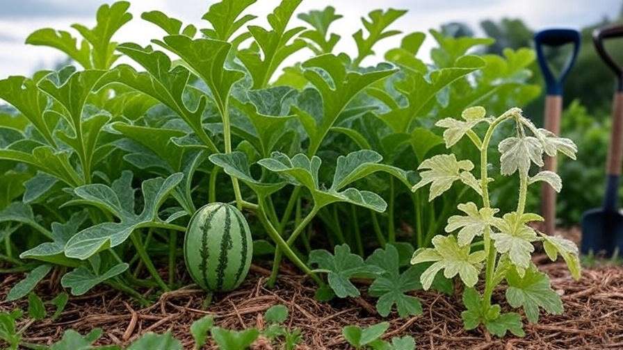 Healthy and wilting sangria watermelon plants with gardening tools and mulch