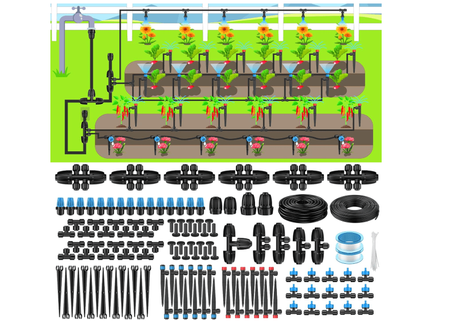 
Pawfly 250 ft Drip Irrigation System, Quick-Connect Drip Irrigation Kit with 50ft 1/2" & 200ft 1/4" Tubing and Accessories, Garden Watering