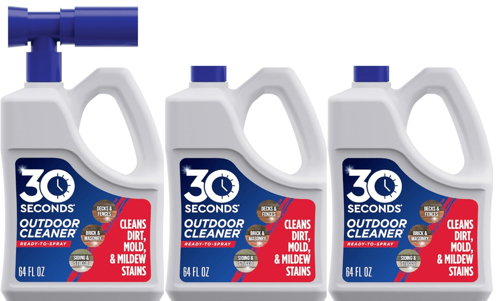 
30 Seconds Outdoor Cleaner | Cleans Moss & Algae Stains from House, Vinyl Siding, Deck, Patio, Fence - 3 Capped Bottles, 1 Hose End Spray Attachment 