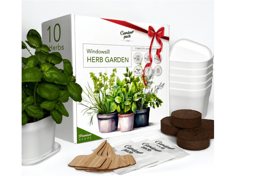 
Garden Pack 10 Herb Indoor Window Herb Garden - Includes Pots, Trays, and Compressed Soil for Easy Indoor Herb Growing - Perfect Kitchen Herb Garden Starter.