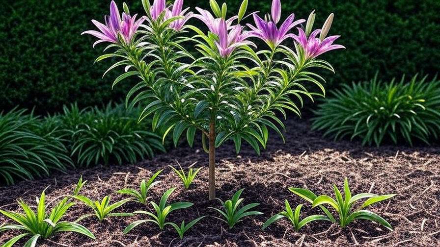 "Healthy lily tree with vibrant blooms in ideal growing conditions with mulch and soil.