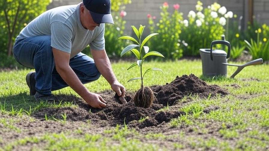  "Step-by-step process of planting a lily tree with a gardener and tools." 