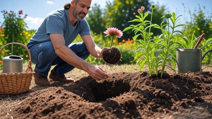 "Gardener planting a watermelon coneflower with compost in well-drained soil under sunlight." 