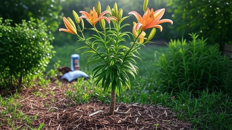 "Lily tree being watered with soaker hose and fertilizer bag nearby." 